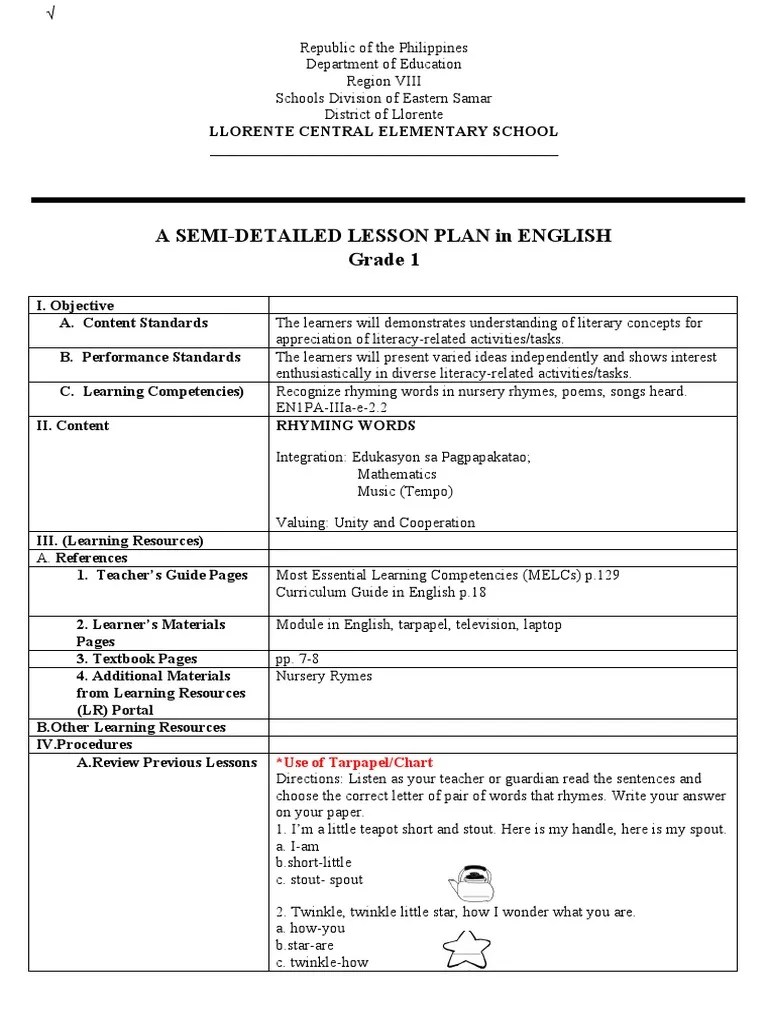 Cot Lesson Plan English 1 PDF Learning Rhyme