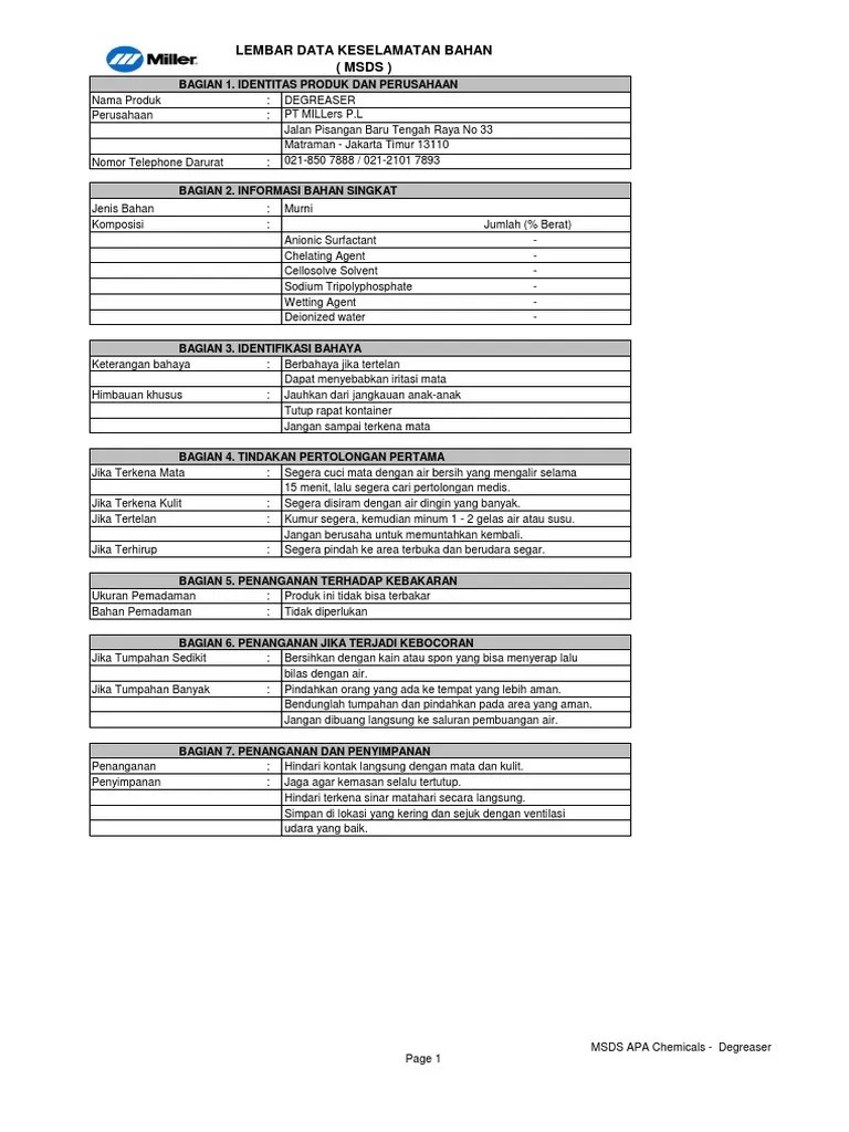 MSDS MILL Degreaser PDF