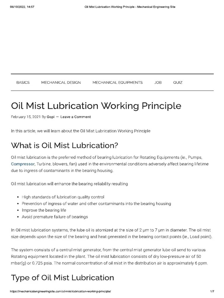 Oil Mist Lubrication Working Principle Mechanical Engineering Site PDF