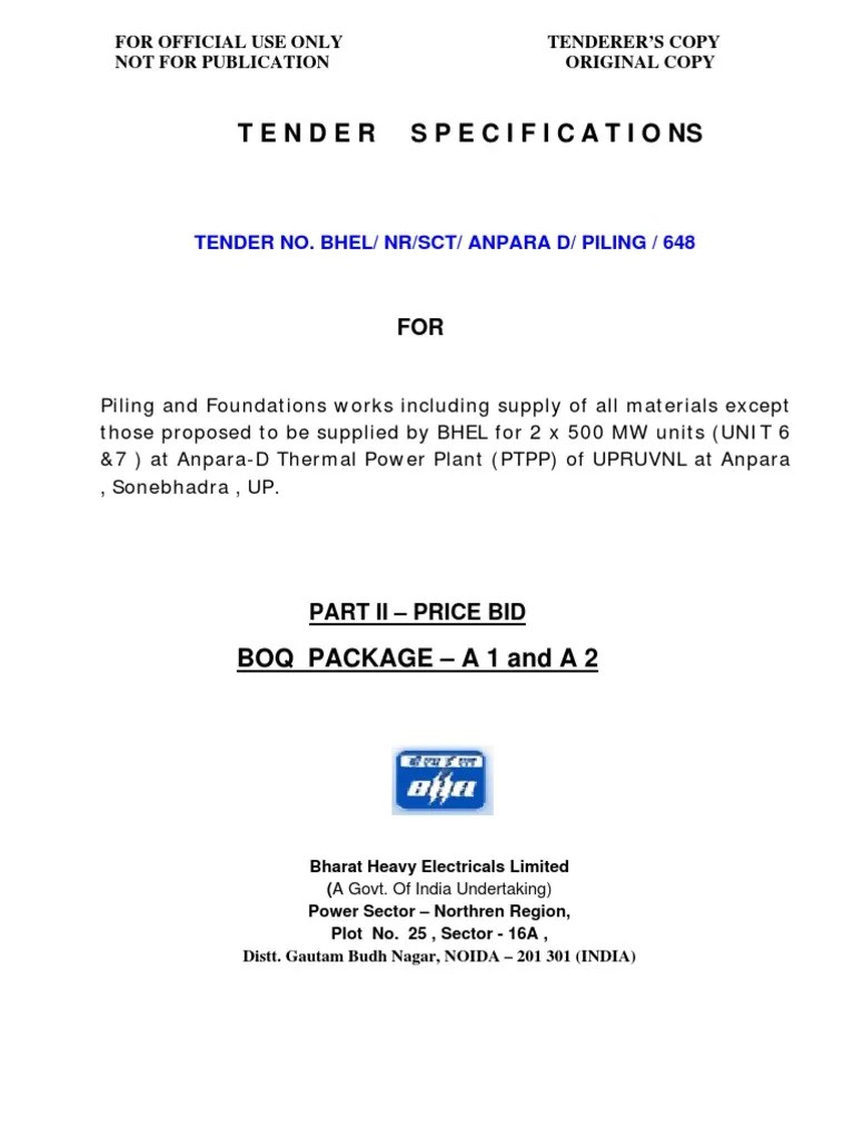 Bhel Tender Specification Deep Foundation Structural Steel