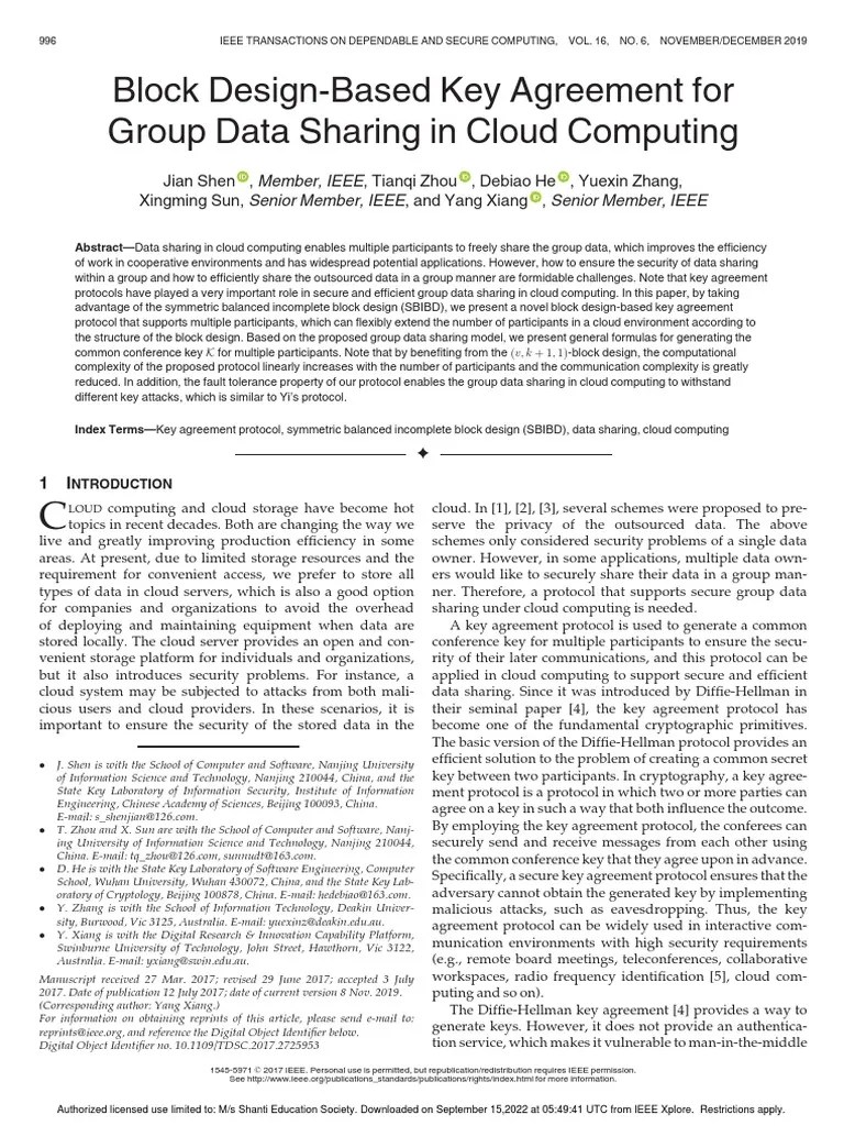 Block DesignBased Key Agreement For Group Data Sharing in Cloud Computing PDF Cloud