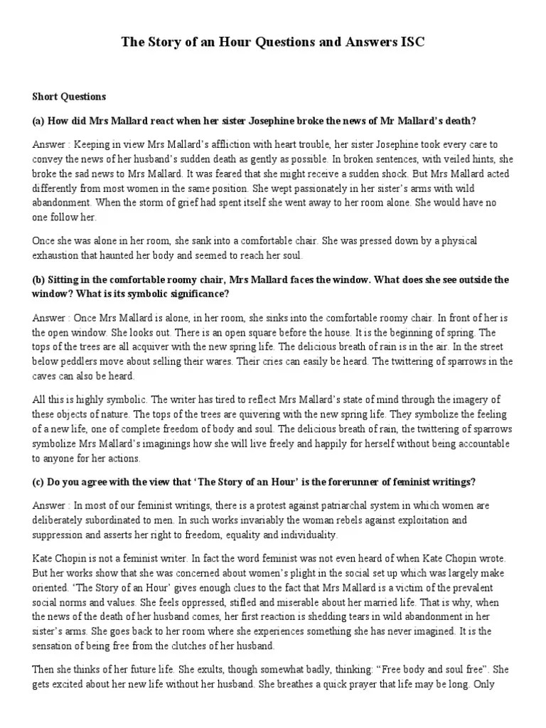The Story of An Hour Questions and Answers ISC PDF
