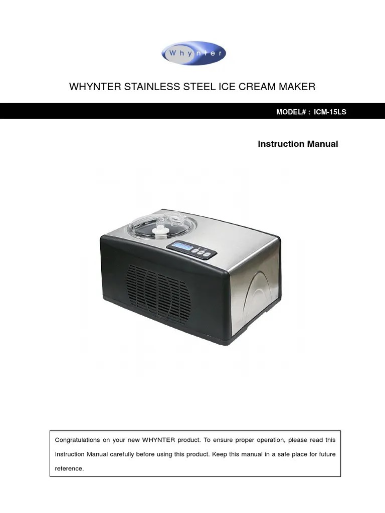 Whynter Stainless Steel Ice Cream Maker Instruction Manual PDF Ice