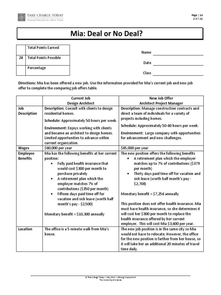 Mia Deal or No Deal 2.3.7.A1 PDF Cost Of Living Employment