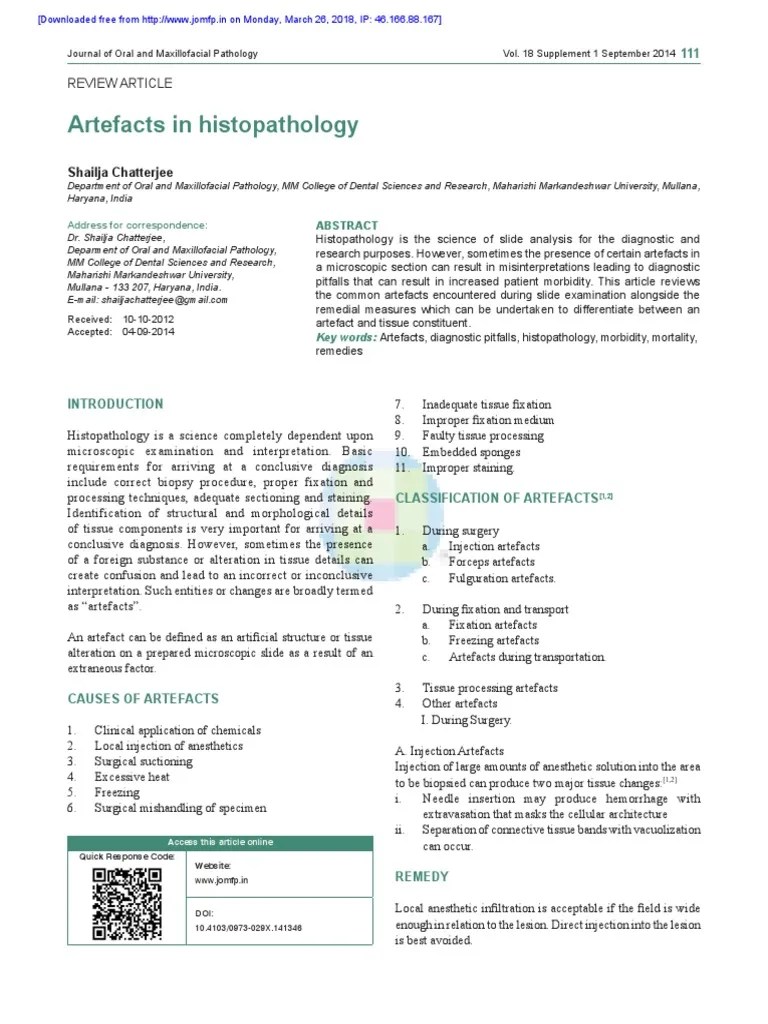 Artefacts in Histopathology PDF Fixation (Histology) Histopathology