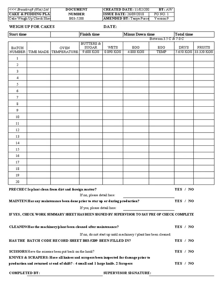 B035208 Cake Weigh Up Check Sheet PDF Cakes Desserts