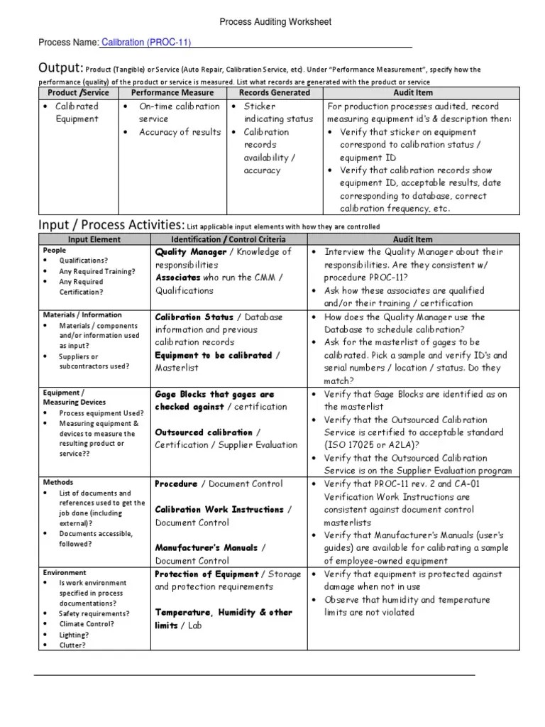 Calibration Process Audit Example PDF Calibration Audit