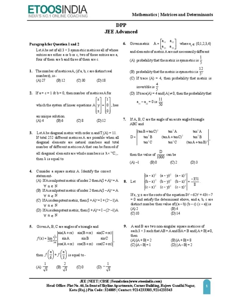 DPP Matrices & Determinants (JEE Advanced) PDF