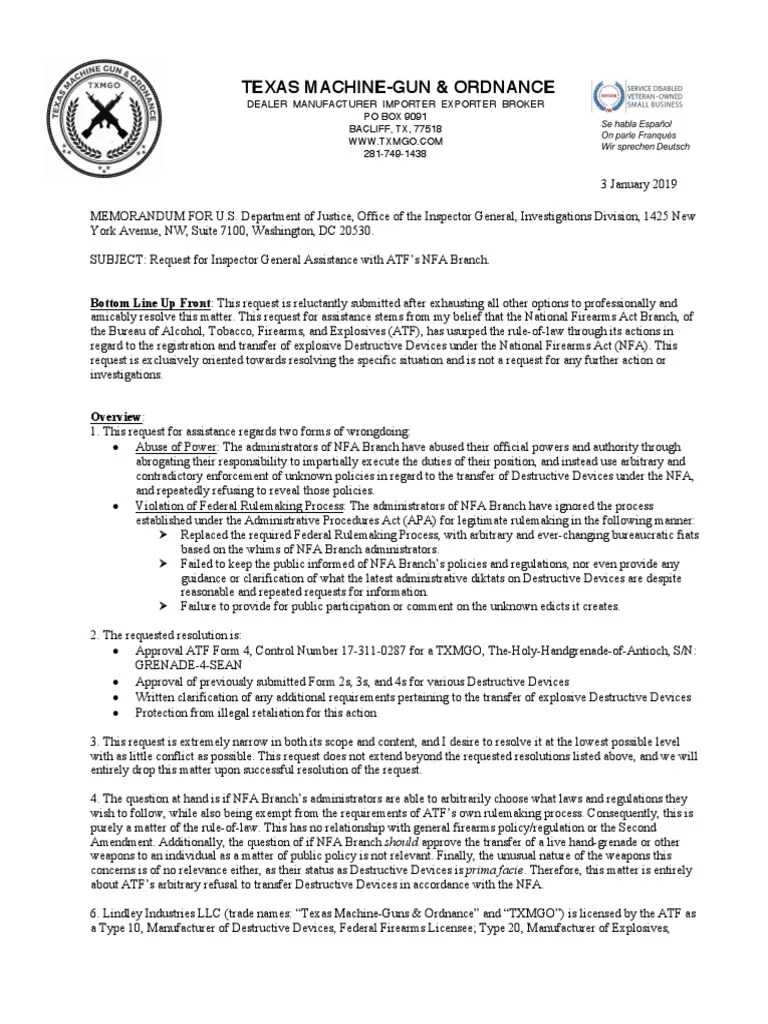 ATF IG Complaint PDF Government United States Federal Law