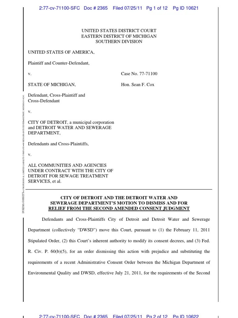 City of Detroit's (DWSD) Motion to Dismiss and for Relief From Second