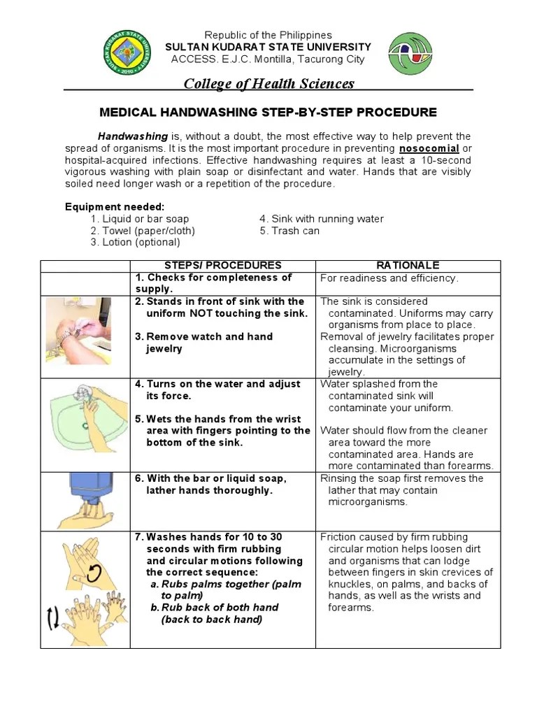 Medical Handwashing Step by Step Procedure Checklist PDF Hand