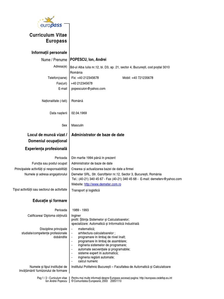 Model Cv European Completat