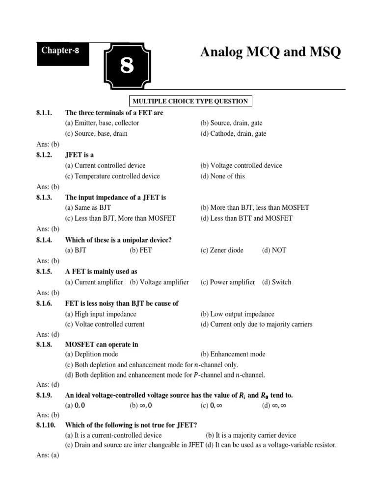 Ch8 Analog MCQ and MSQ PDF Field Effect Transistor PN Junction