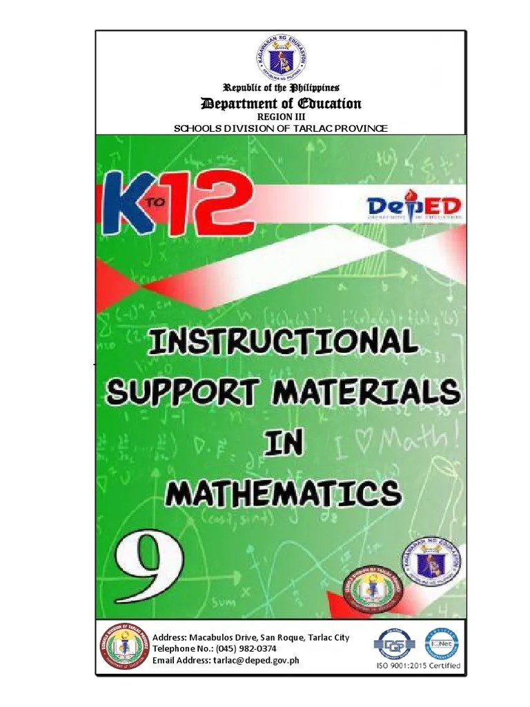 INstructional Support Material Math 9 First QRTR PDF Quadratic