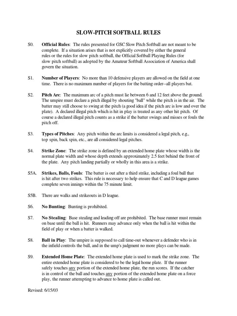 Slow Pitch Rules PDF