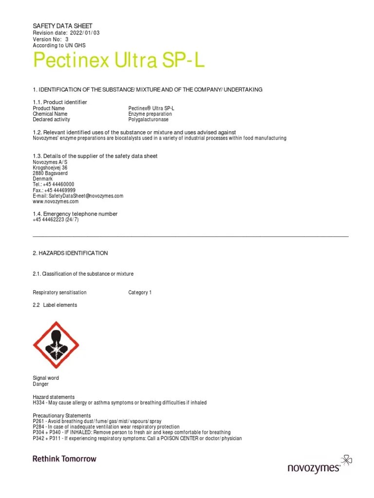 Pectinex Ultra SPL Sds GB Bghs PDF Dangerous Goods