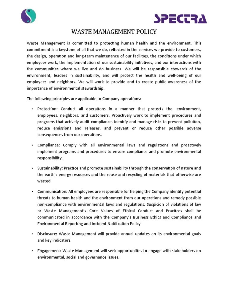 Waste Management Policy PDF Waste Management Regulatory Compliance
