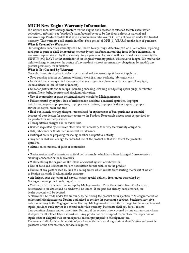 MICHIGAN MOTORZ New Engine Warranty Information PDF Implied Warranty