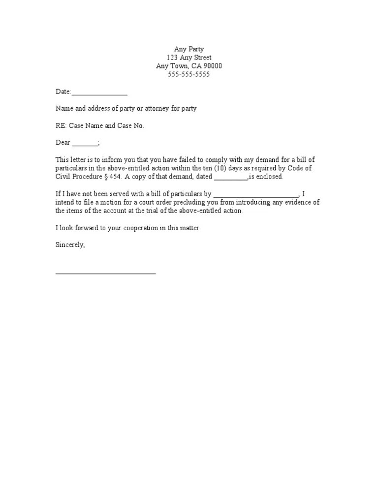 Sample Demand Letter for Bill of Particulars in California