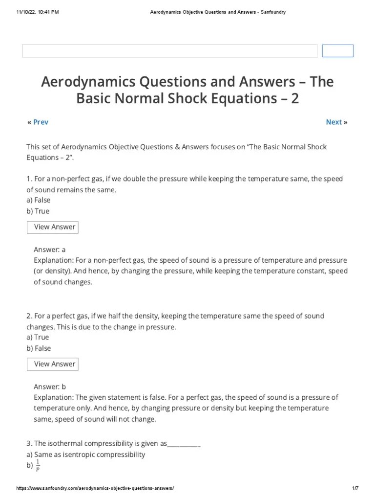 Aerodynamics Questions and Answers The Basic Normal Shock Equations