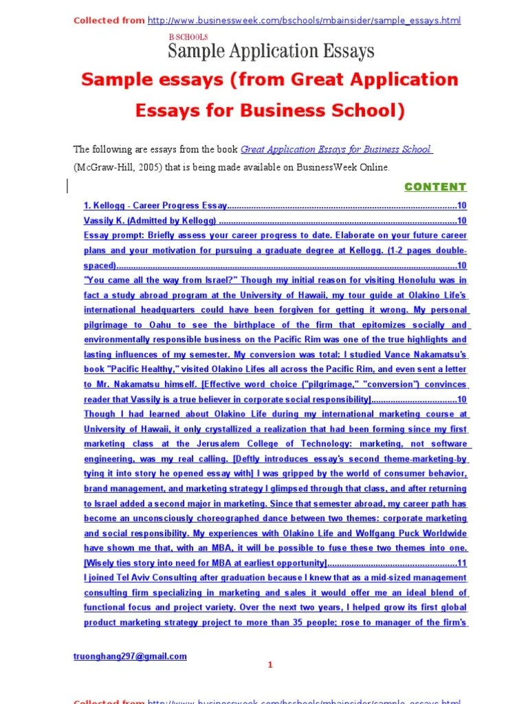 Sample Essays (From Great Application Essays for Business School