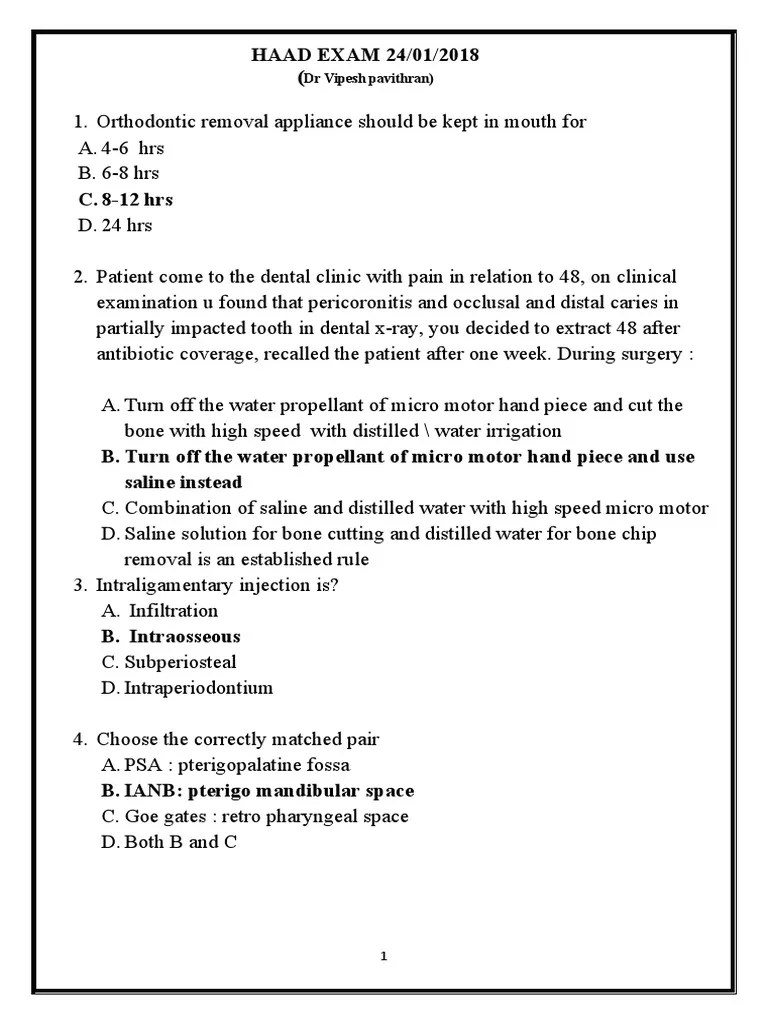 HAAD Exam Review Dental Questions Covering Topics Such as Orthodontics, Oral Surgery