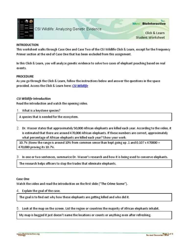 CSI Wildlife Analyzing Evidence Click & Learn Student Worksheet PDF Gel
