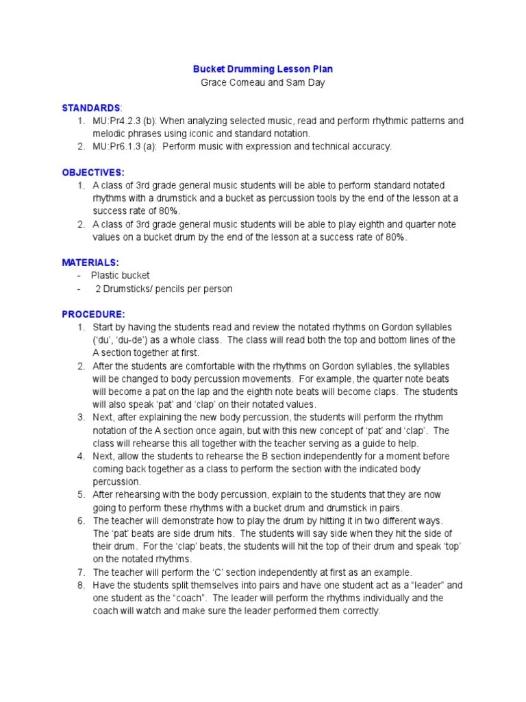 Bucket Drumming Lesson Plan 1 PDF Rhythm Cognition