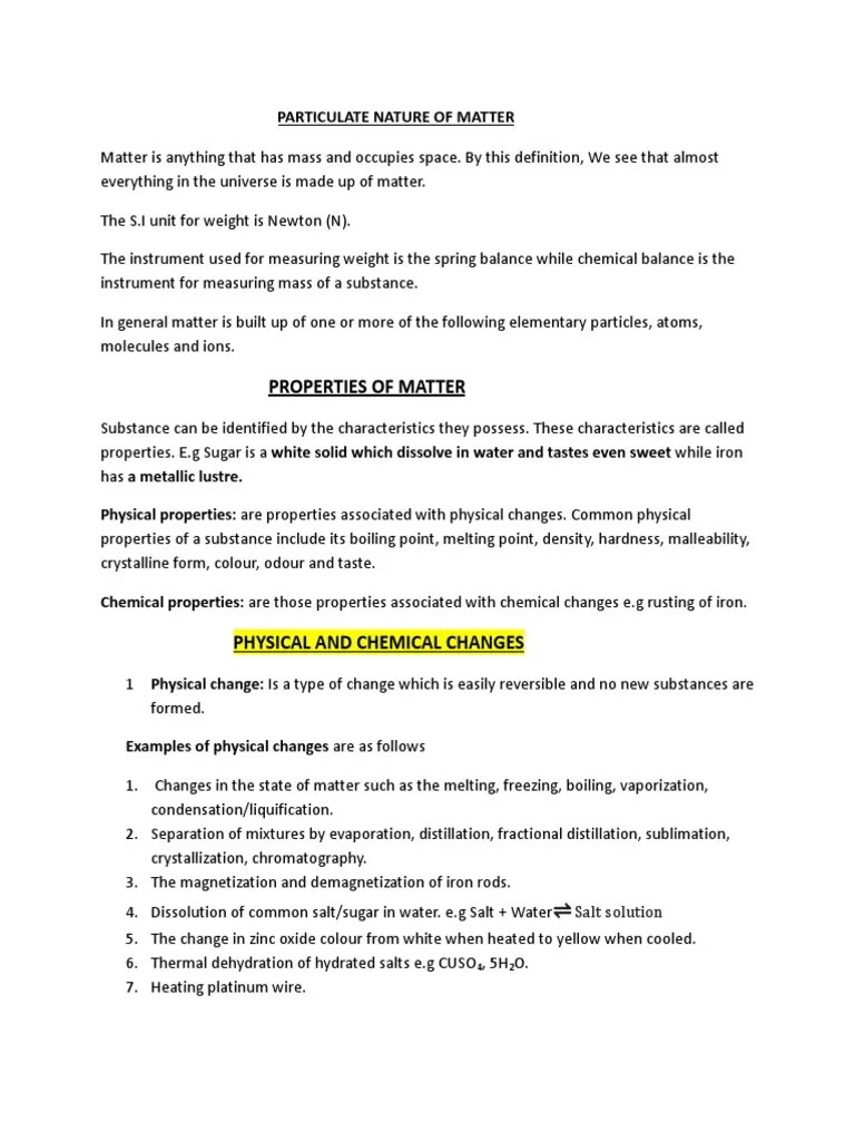 Student Notes (Particulate Nature of Matter) | PDF | Chemical Elements
