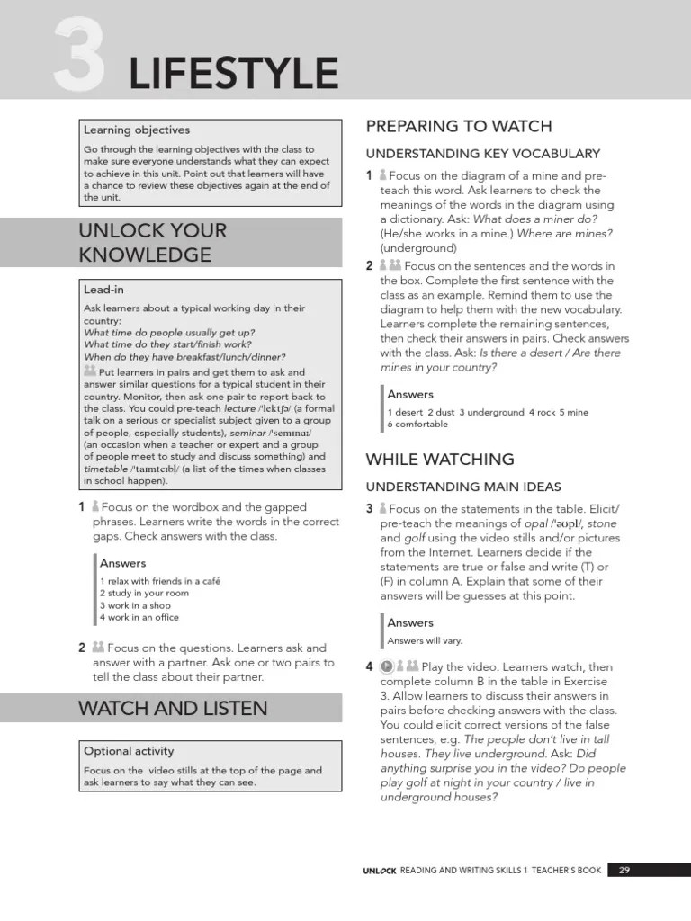 Unlock Reading and Writing Skills 1 Teachers Book Sample Unit PDF Verb Subject (Grammar)