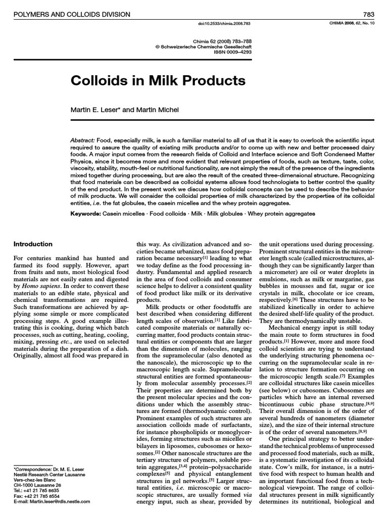 Colloids in Milk PDF Milk Emulsion