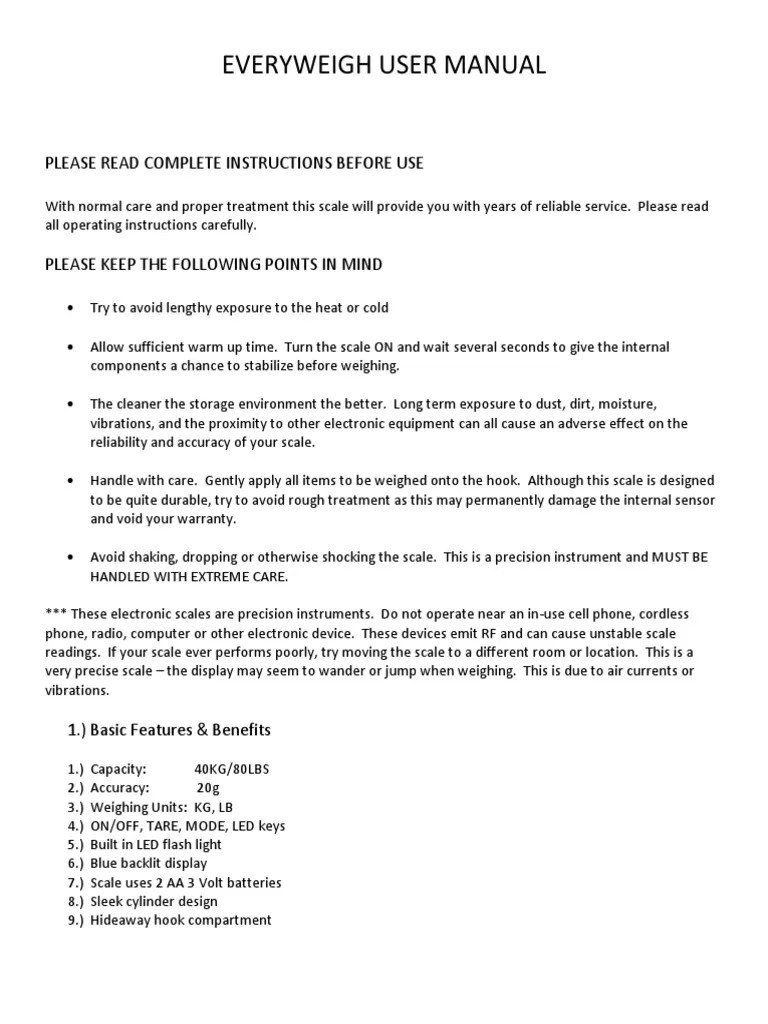 Everyweigh Hanging Scale User Manual | PDF | Weight | Equipment