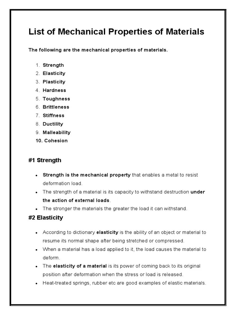 List of Mechanical Properties of Materials PDF Deformation