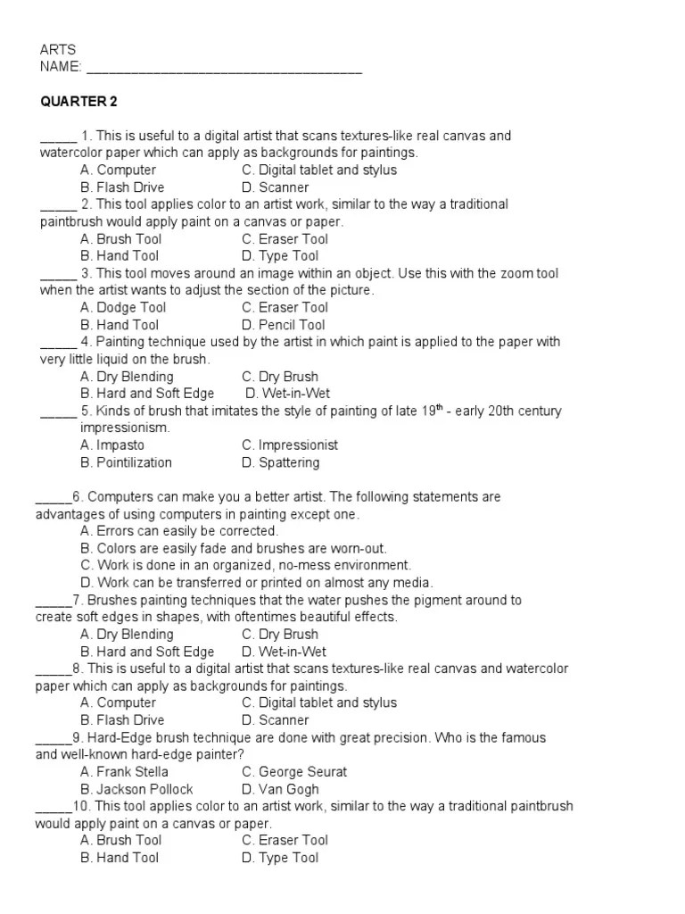 Digital Art Fundamentals Quiz PDF Paintings Camera