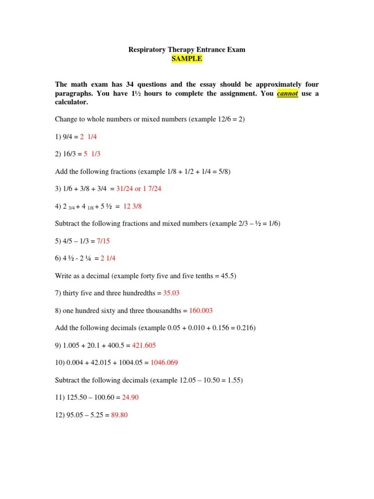 Respiratory Therapy Entrance Exam With SAMPLE Answers | PDF