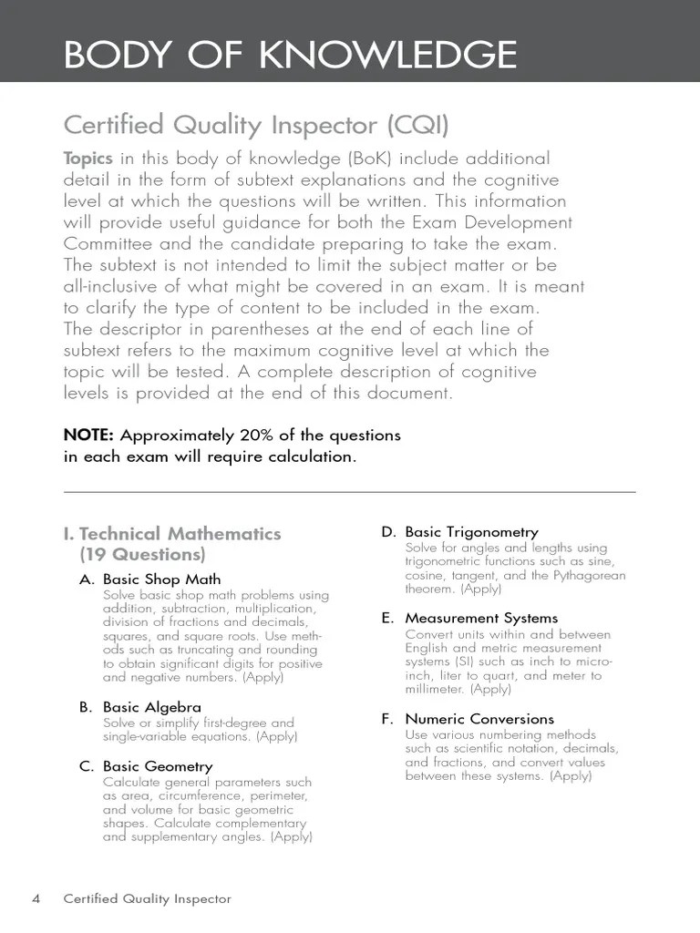 Body of Knowledge Certified Quality Inspector (CQI) PDF