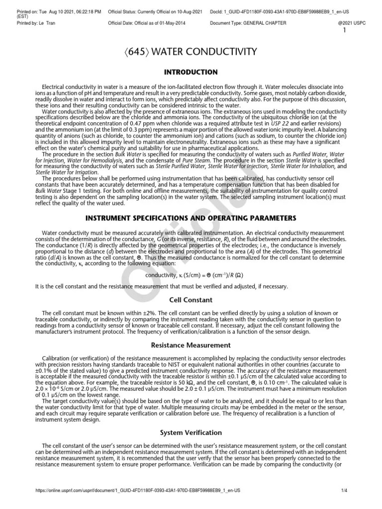 Water Conductivity Instrument Specifications, Operating Parameters