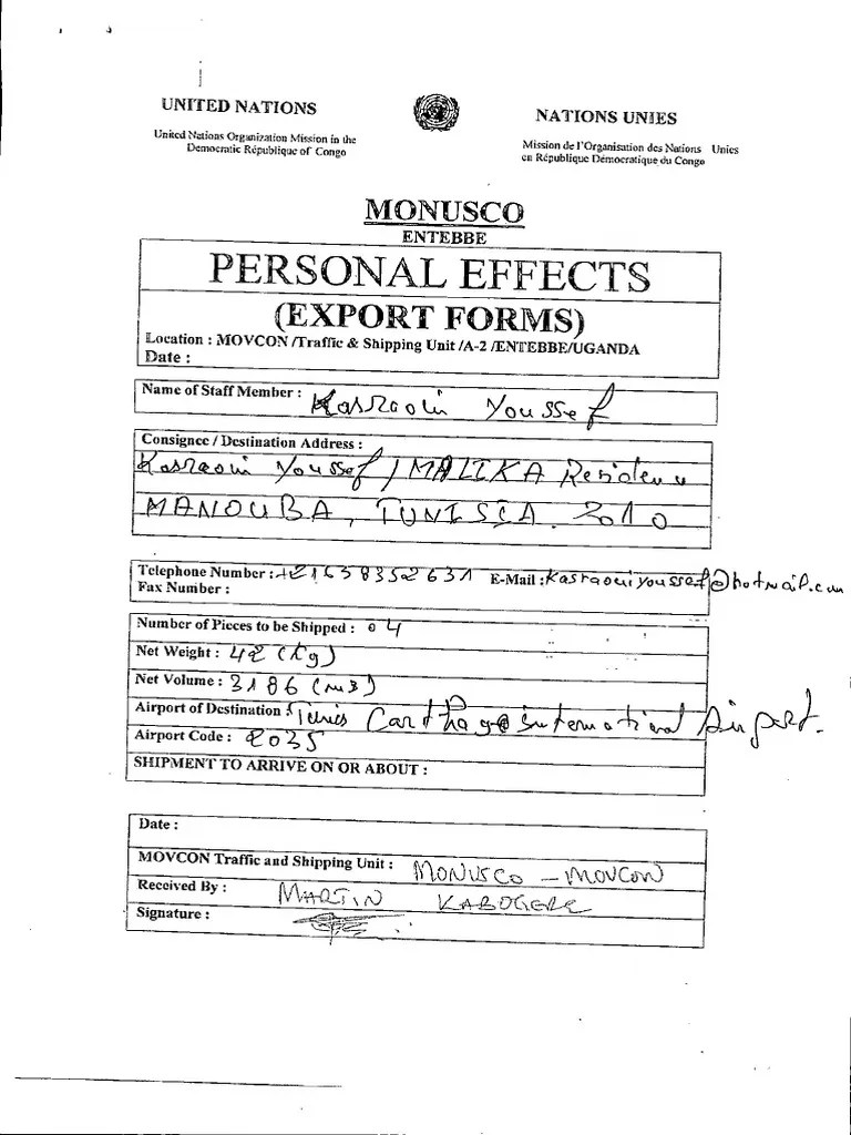 Personal Effects EXPORT FORM KASRAOUI Youssef ID CO00225 PDF