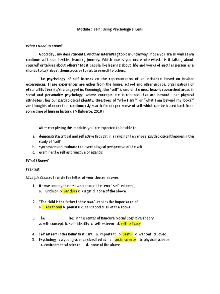 Self From The Psychological Lens PDF Self Thought