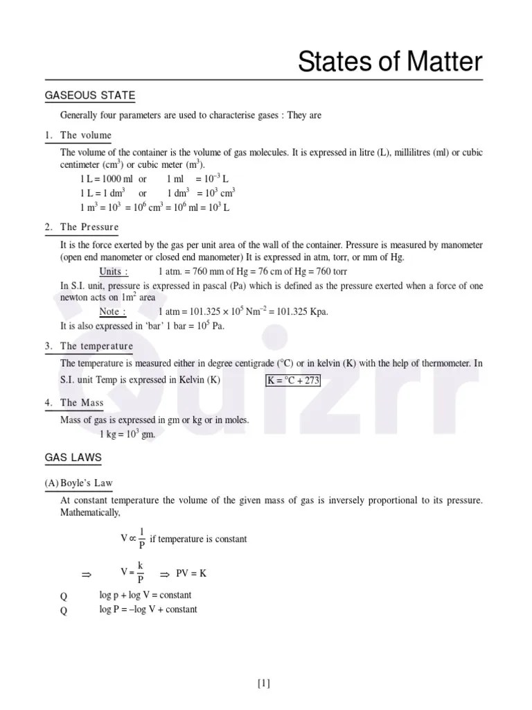 States of Matter Formula Sheet cbseinfinite PDF Gases Pressure
