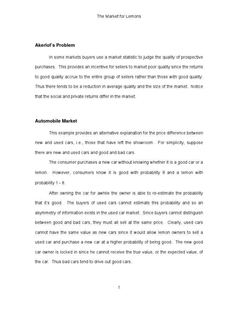 Lemons Problem Economic Theories Economics