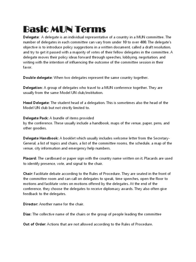 Basic MUN Terms | PDF | Committee | Government