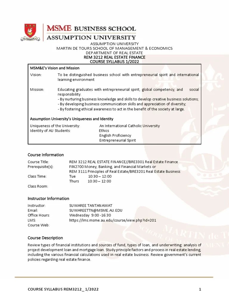 REM3212BRE3301 Real Estate Finance Syllabus 12022 PDF Mortgage