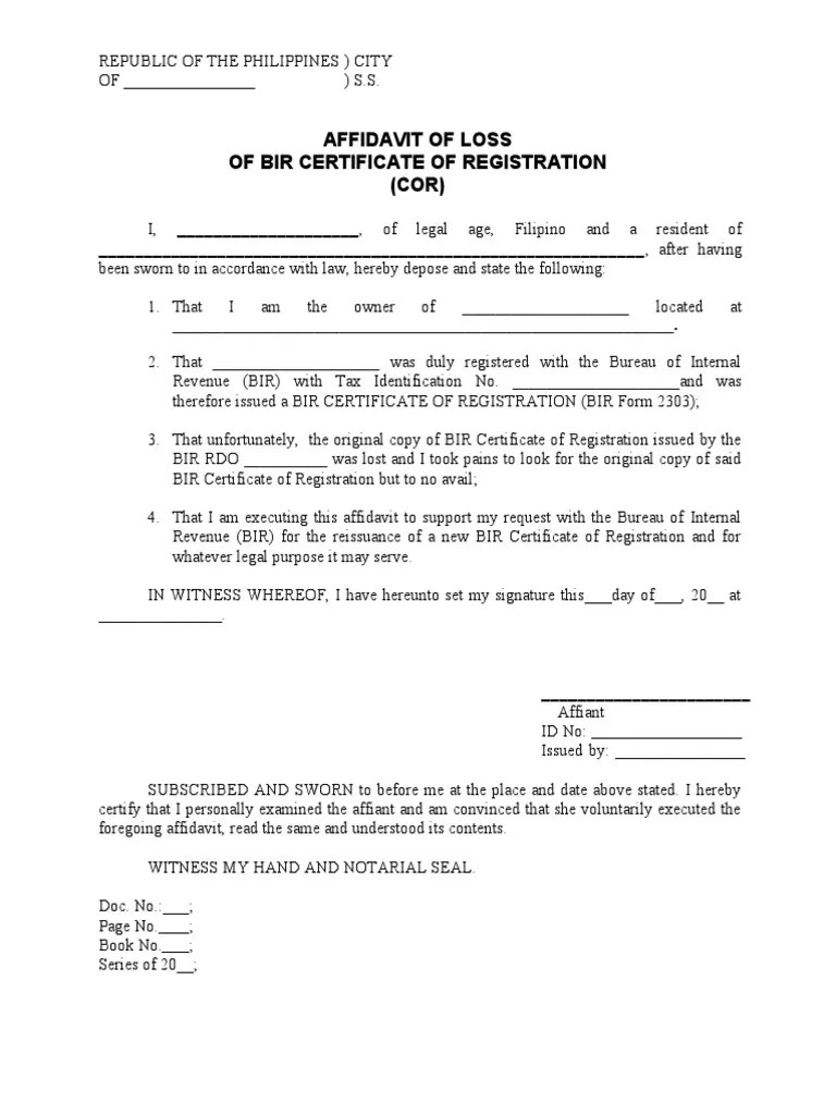 Affidavit of Loss Certificate of Registration PDF