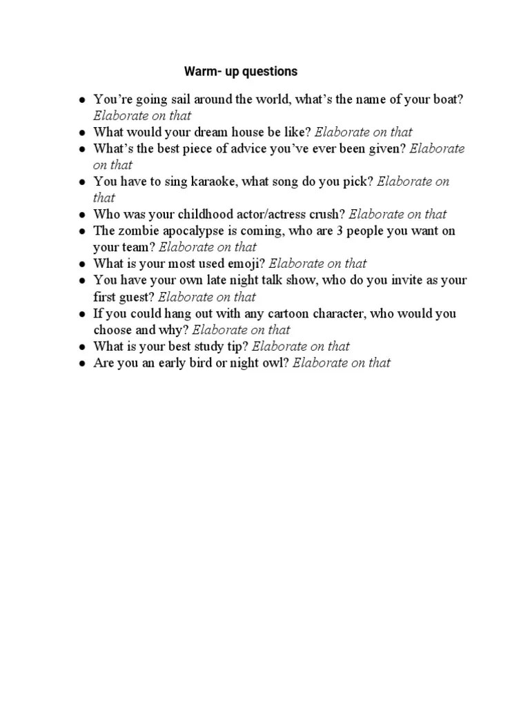 Warm Up Questions PDF