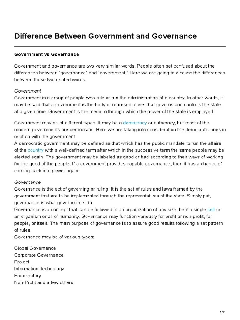 Difference Between Government and Governance PDF Governance