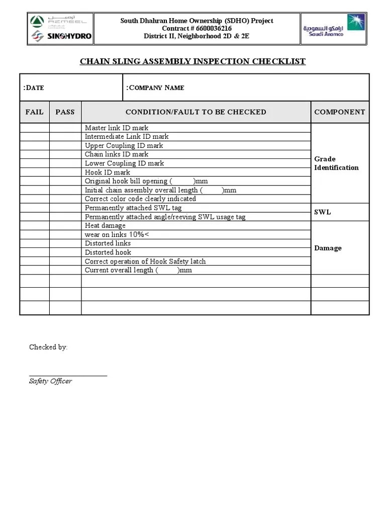 Chain Sling Assembly Inspection Checklist Form PDF
