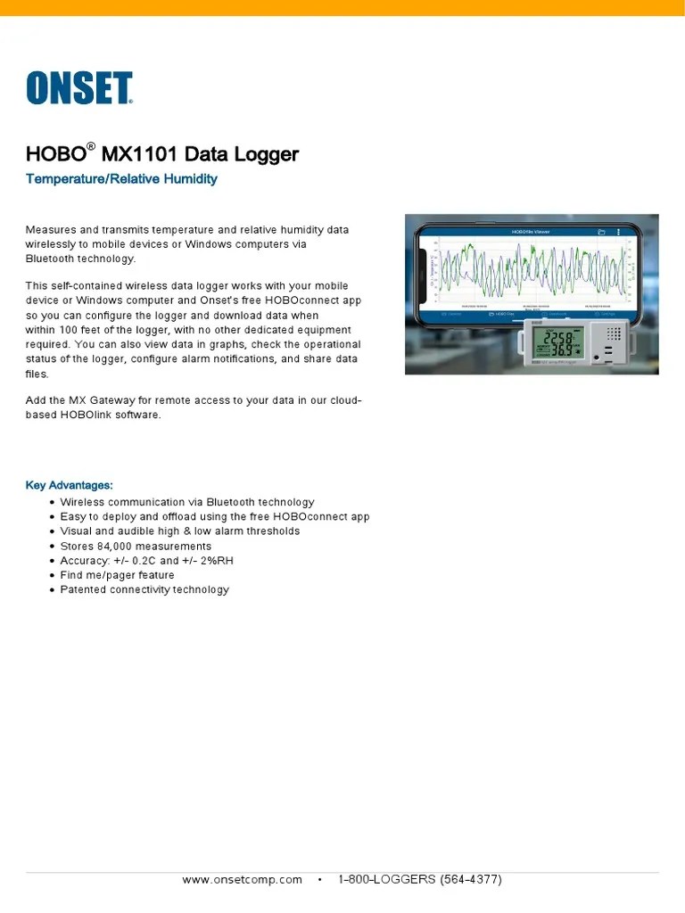 HOBO MX1101 Data Logger Datasheet PDF Bluetooth Wireless