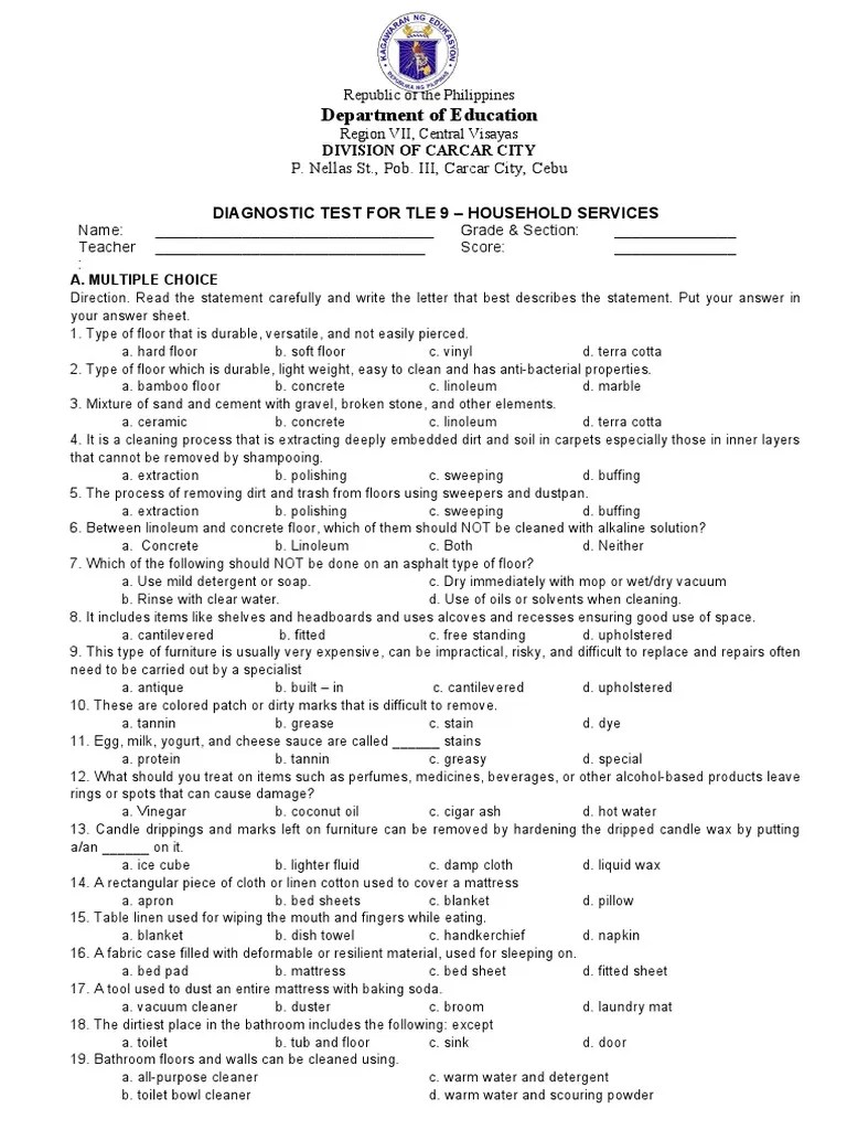 Diagnostic Test TLE 9 Household PDF Bed Textiles