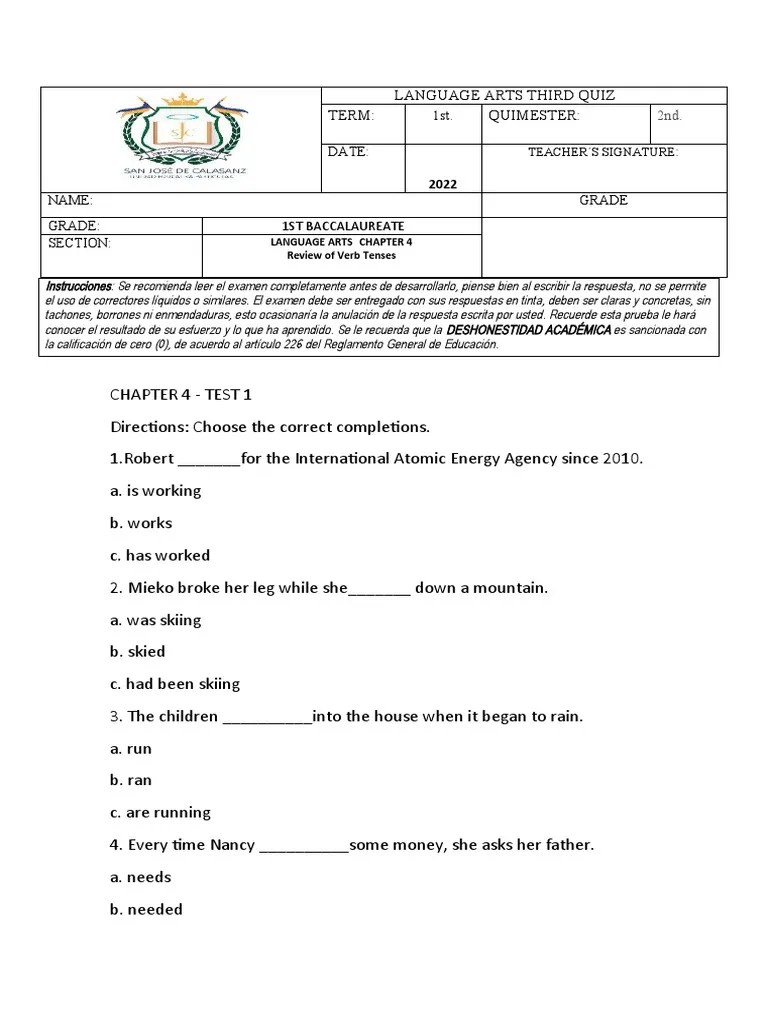 Language Arts Quiz 1ro Bach 1 Parcial 2do Quimestre PDF Linguistics